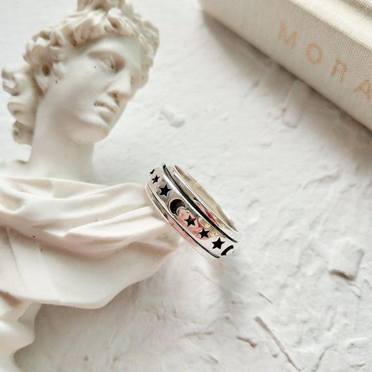 925 Sterling Silver / Stainless Steel Moon & Stars Spinning Fidget Ring